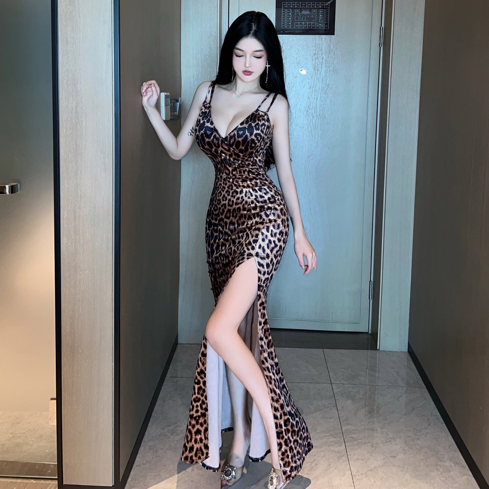 Split V-neck dress low-cut leopard formal dress