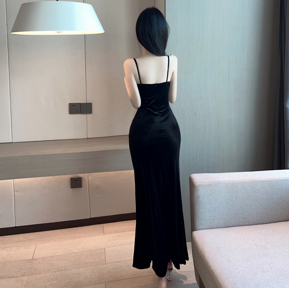 Sling velvet high waist long dress sexy slim dress