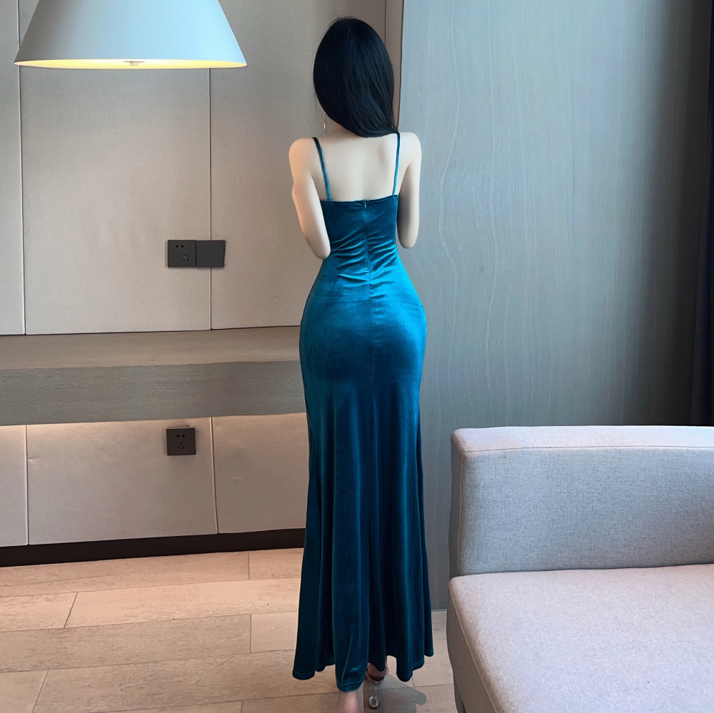 Sling velvet high waist long dress sexy slim dress