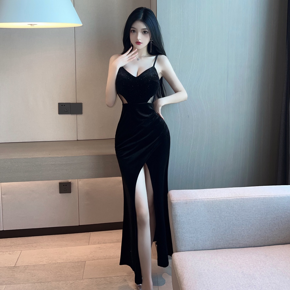 Sling velvet high waist long dress sexy slim dress