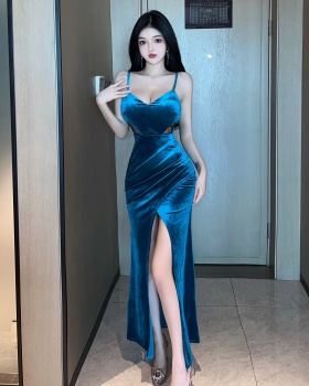 Sling velvet high waist long dress sexy slim dress