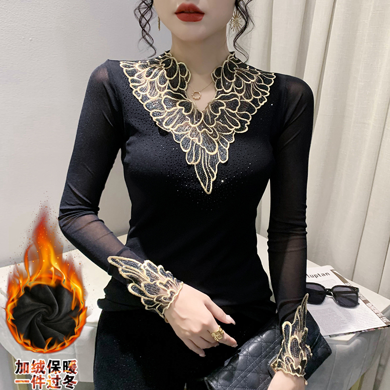 Rhinestone embroidered tops thick bottoming shirt for women