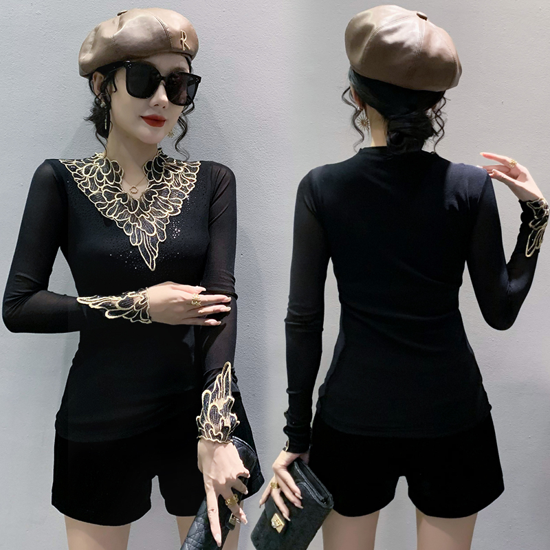 Rhinestone embroidered tops thick bottoming shirt for women