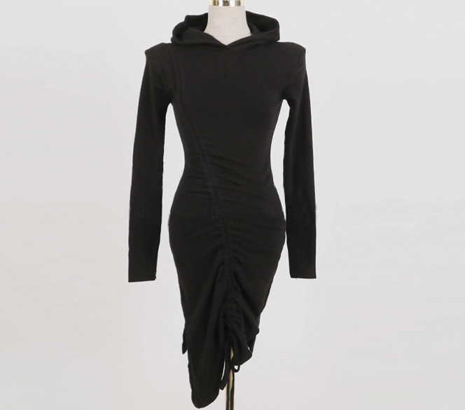 Long sleeve autumn hooded T-back fold irregular dress
