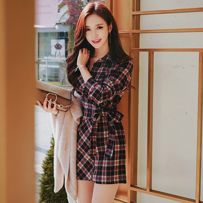 Long sleeve bow dress package hip lapel shirt for women