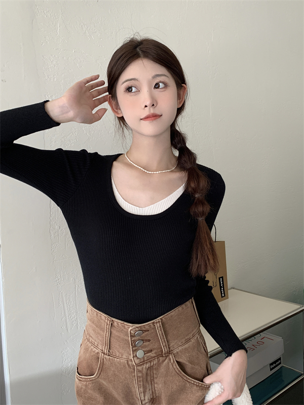 Long sleeve slim tops Pseudo-two sweater for women