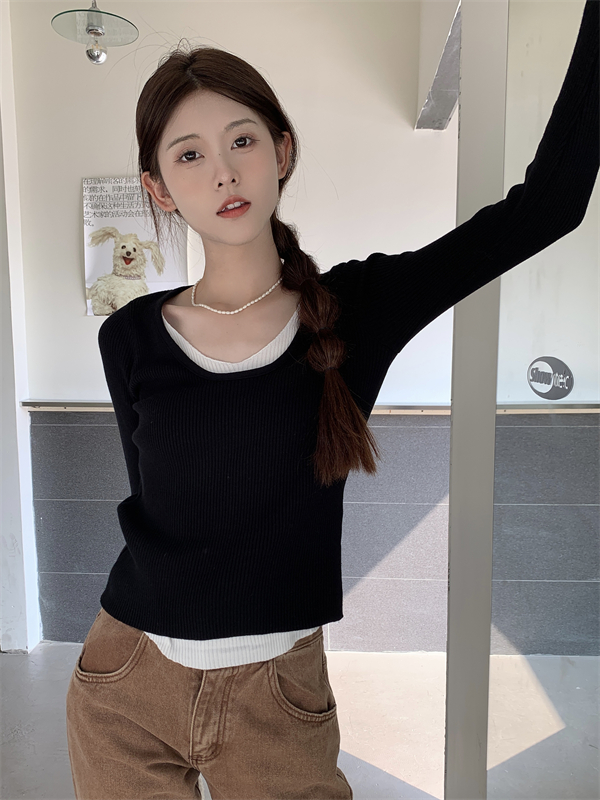 Long sleeve slim tops Pseudo-two sweater for women