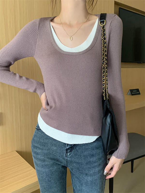 Long sleeve slim tops Pseudo-two sweater for women