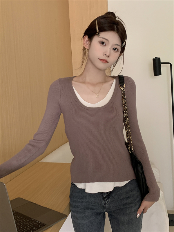 Long sleeve slim tops Pseudo-two sweater for women