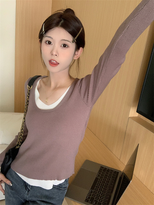 Long sleeve slim tops Pseudo-two sweater for women