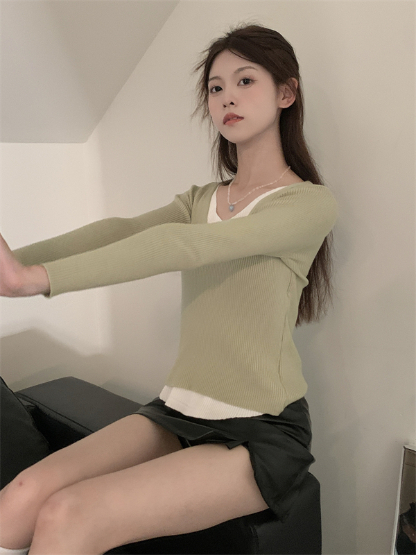 Long sleeve slim tops Pseudo-two sweater for women