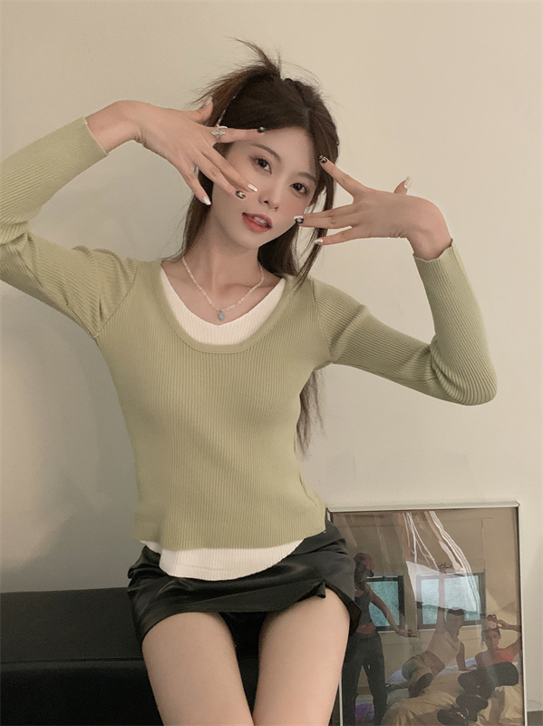 Long sleeve slim tops Pseudo-two sweater for women