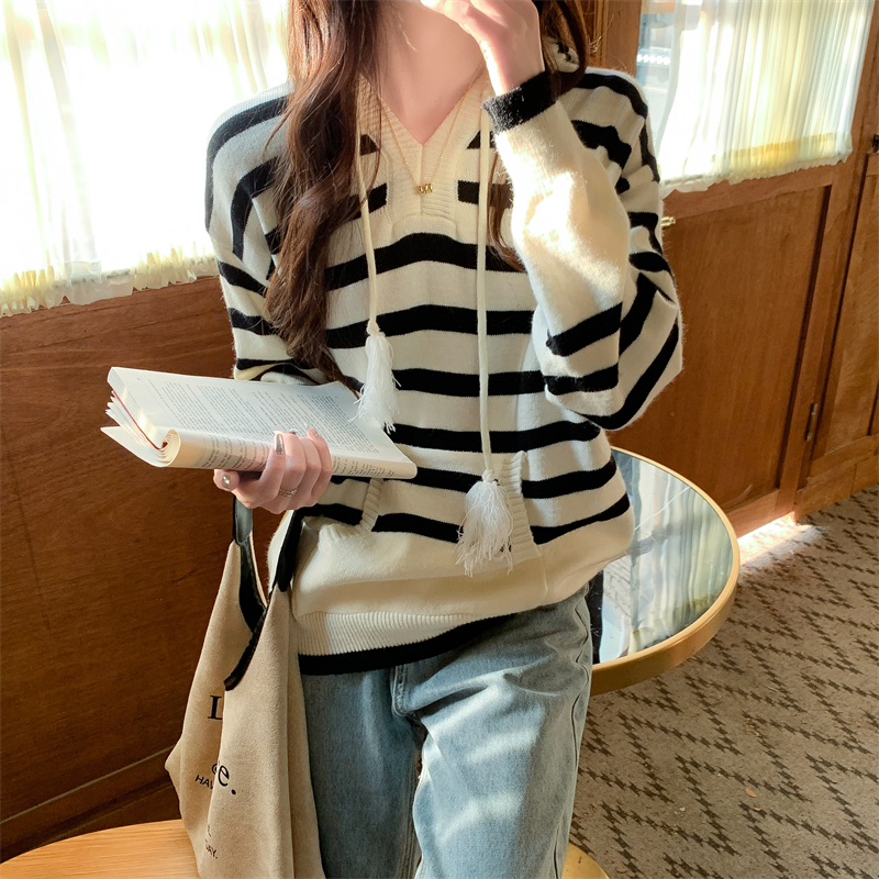 Hooded long sleeve knitted all-match stripe sweater