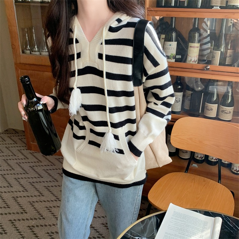 Hooded long sleeve knitted all-match stripe sweater