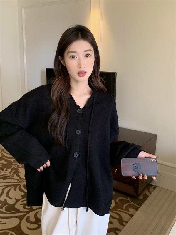 Hooded autumn and winter thick tops knitted long coat