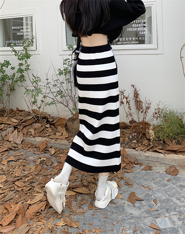 Package hip woolen yarn skirt knitted stripe long dress