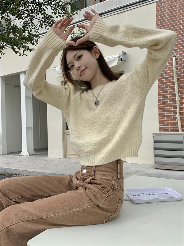 Short autumn tops white knitted sweater