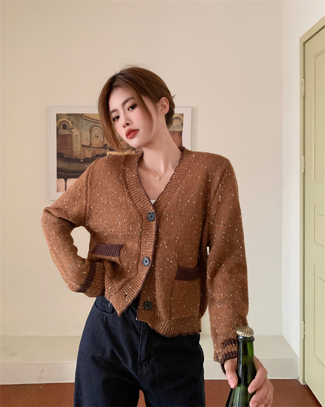 Brown V-neck cardigan autumn and winter sweater