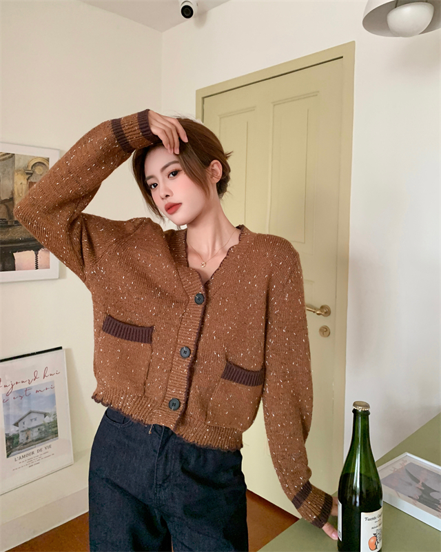 Brown V-neck cardigan autumn and winter sweater