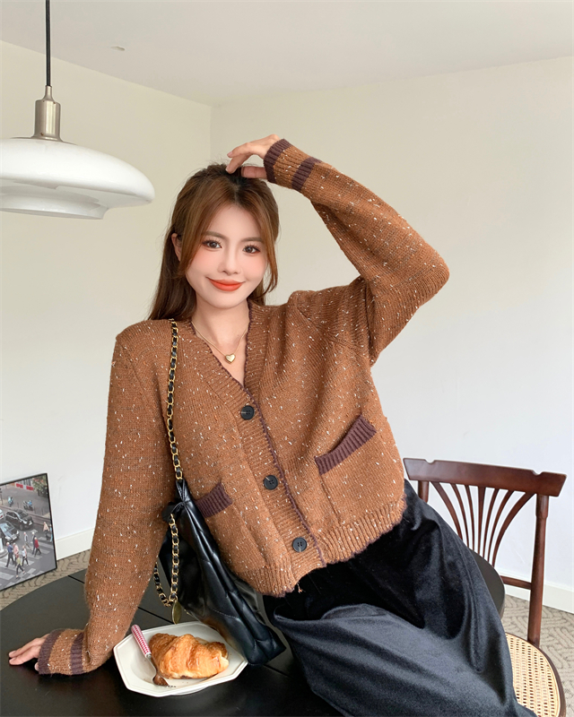 Brown V-neck cardigan autumn and winter sweater
