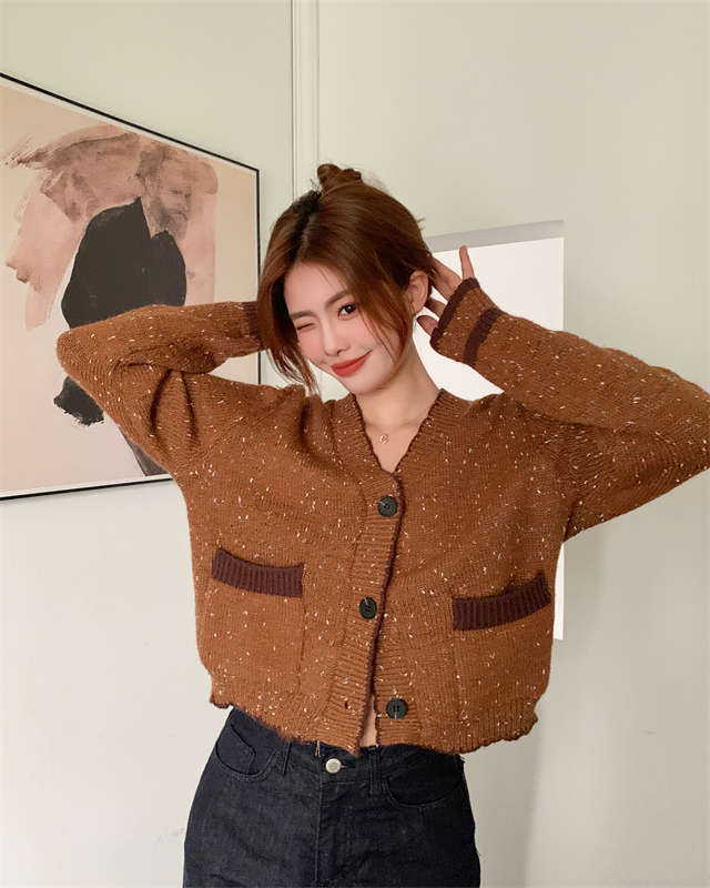 Brown V-neck cardigan autumn and winter sweater