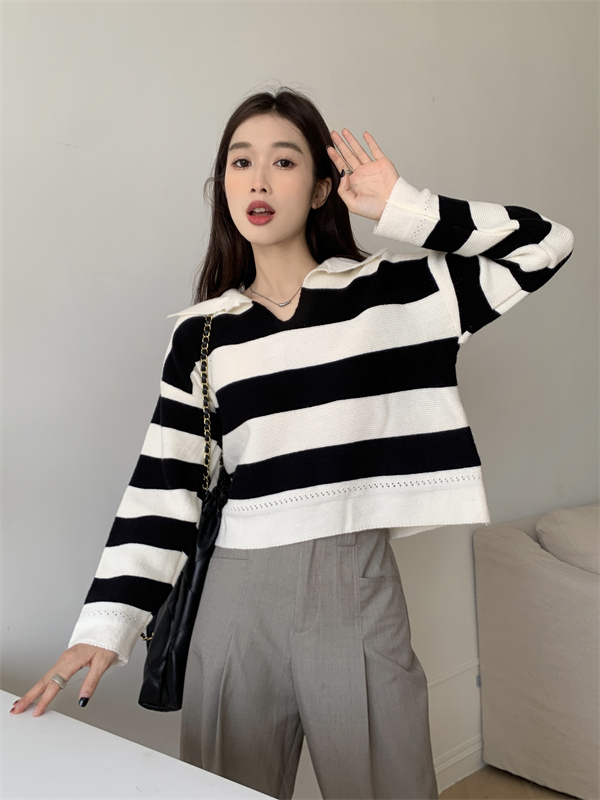 Loose lazy autumn tops all-match Casual stripe sweater