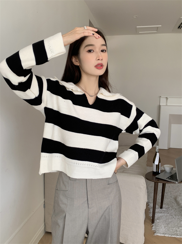 Loose lazy autumn tops all-match Casual stripe sweater