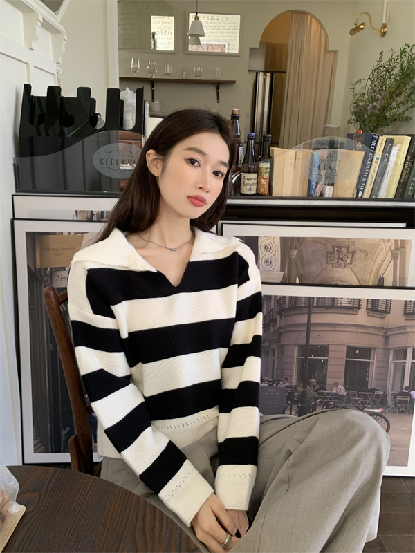 Loose lazy autumn tops all-match Casual stripe sweater