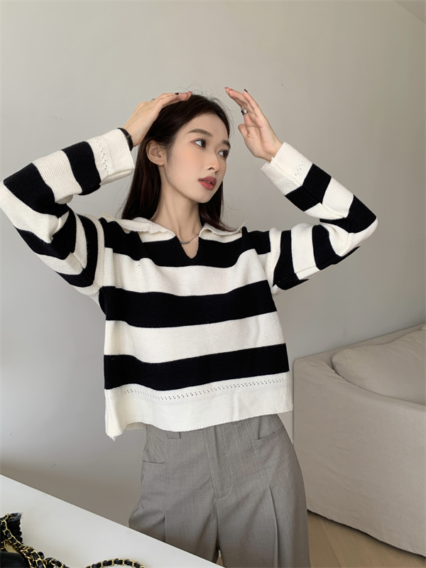 Loose lazy autumn tops all-match Casual stripe sweater