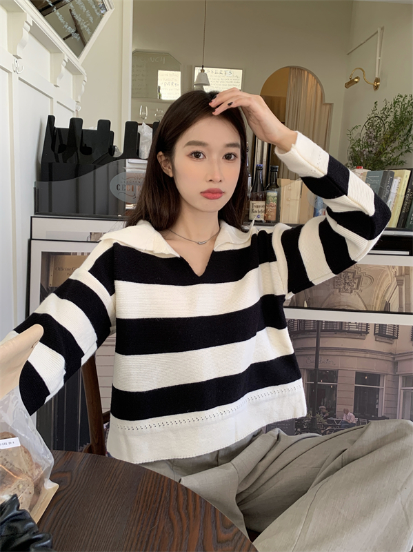 Loose lazy autumn tops all-match Casual stripe sweater