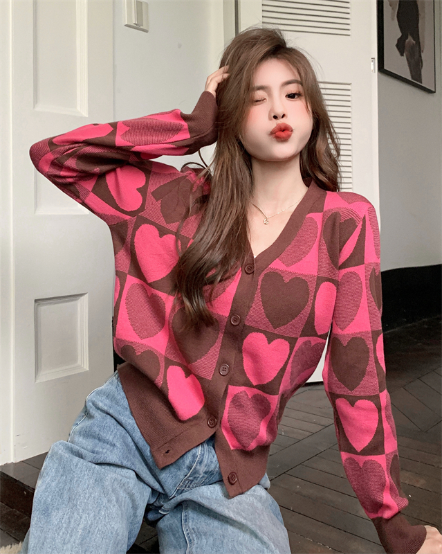 Autumn heart knitted cardigan V-neck pink sweater