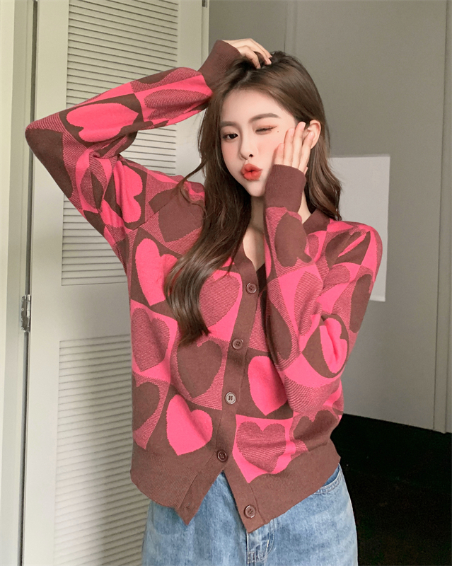 Autumn heart knitted cardigan V-neck pink sweater