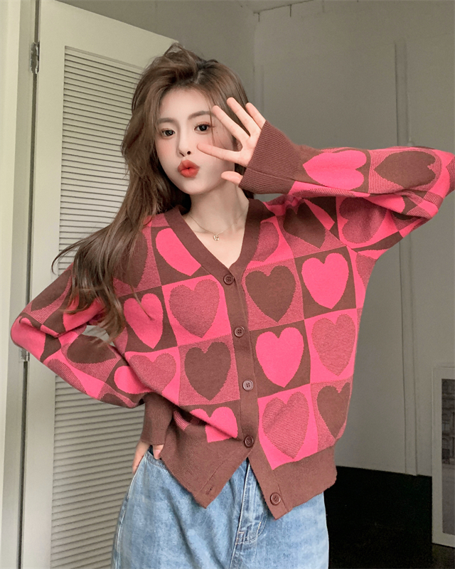 Autumn heart knitted cardigan V-neck pink sweater