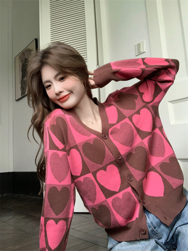 Autumn heart knitted cardigan V-neck pink sweater