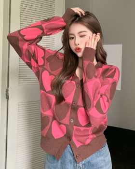 Autumn heart knitted cardigan V-neck pink sweater