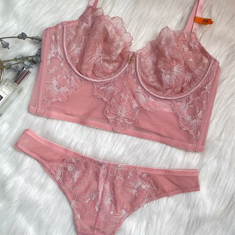 Lace very thin small red Bra big chest thin underwear a set