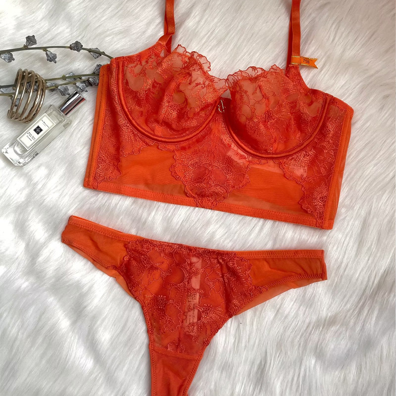 Lace very thin small red Bra big chest thin underwear a set