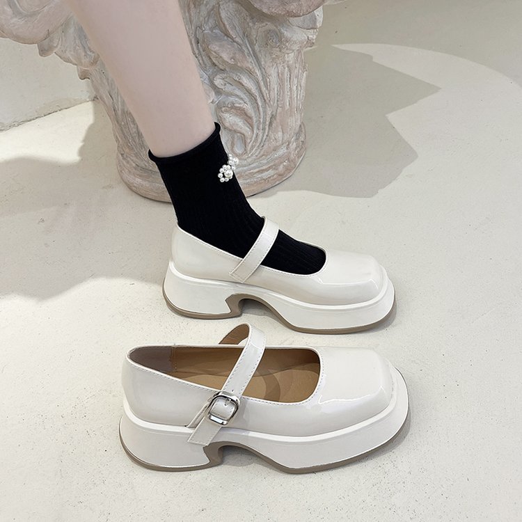 Low square head leather shoes thick crust shoes