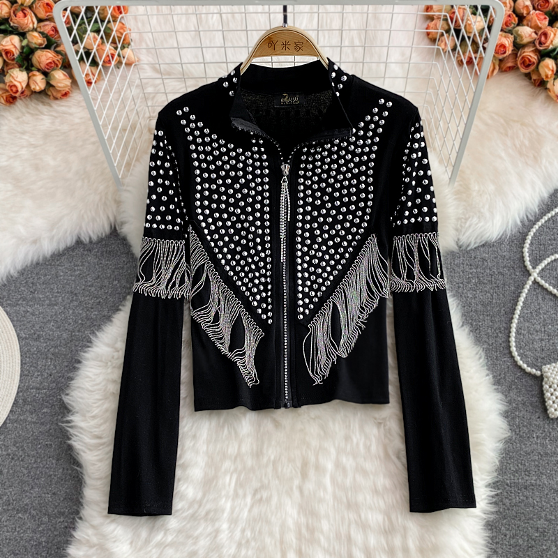 Western style short coat cstand collar cardigan for women