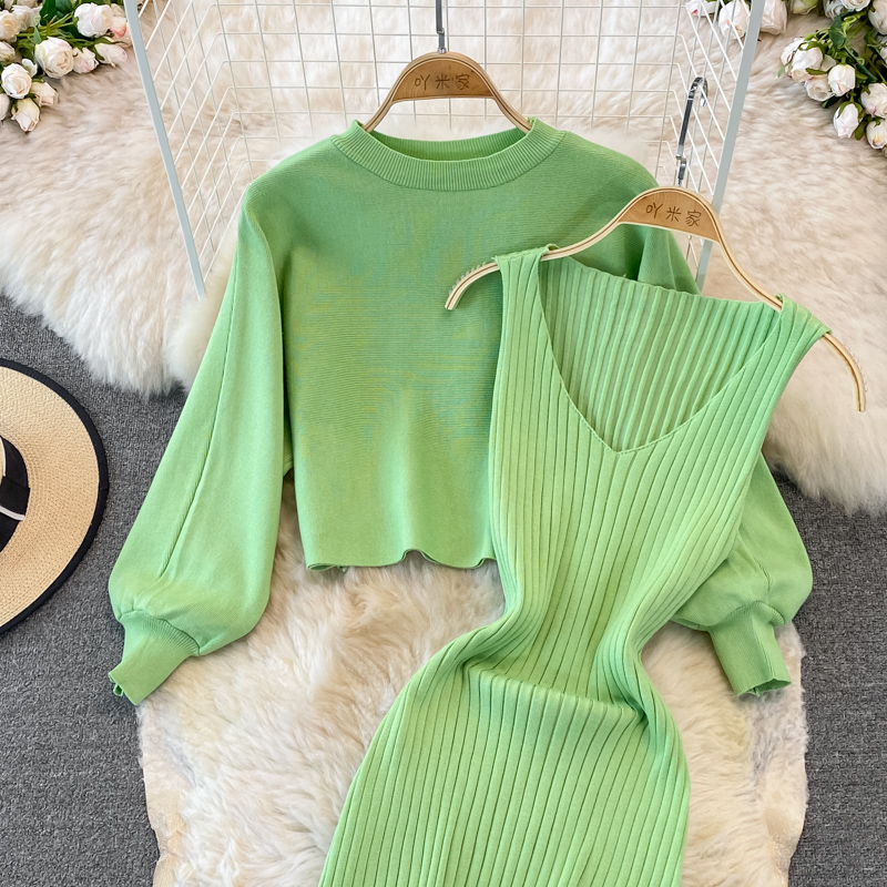 Tight sleeveless dress elasticity sweater 2pcs set for women