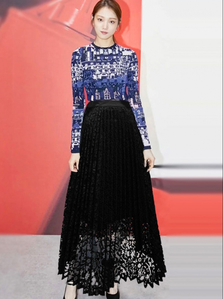 Black jacquard sweater pleated lace skirt 2pcs set