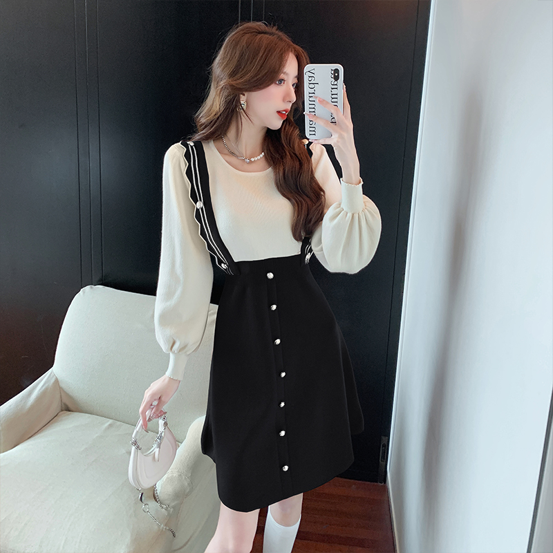 Pseudo-two knitted sweater dress temperament dress for women