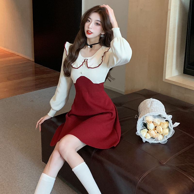 Knitted doll collar temperament sweet dress for women