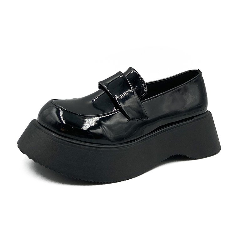 Black low leather shoes thick crust shoes for women