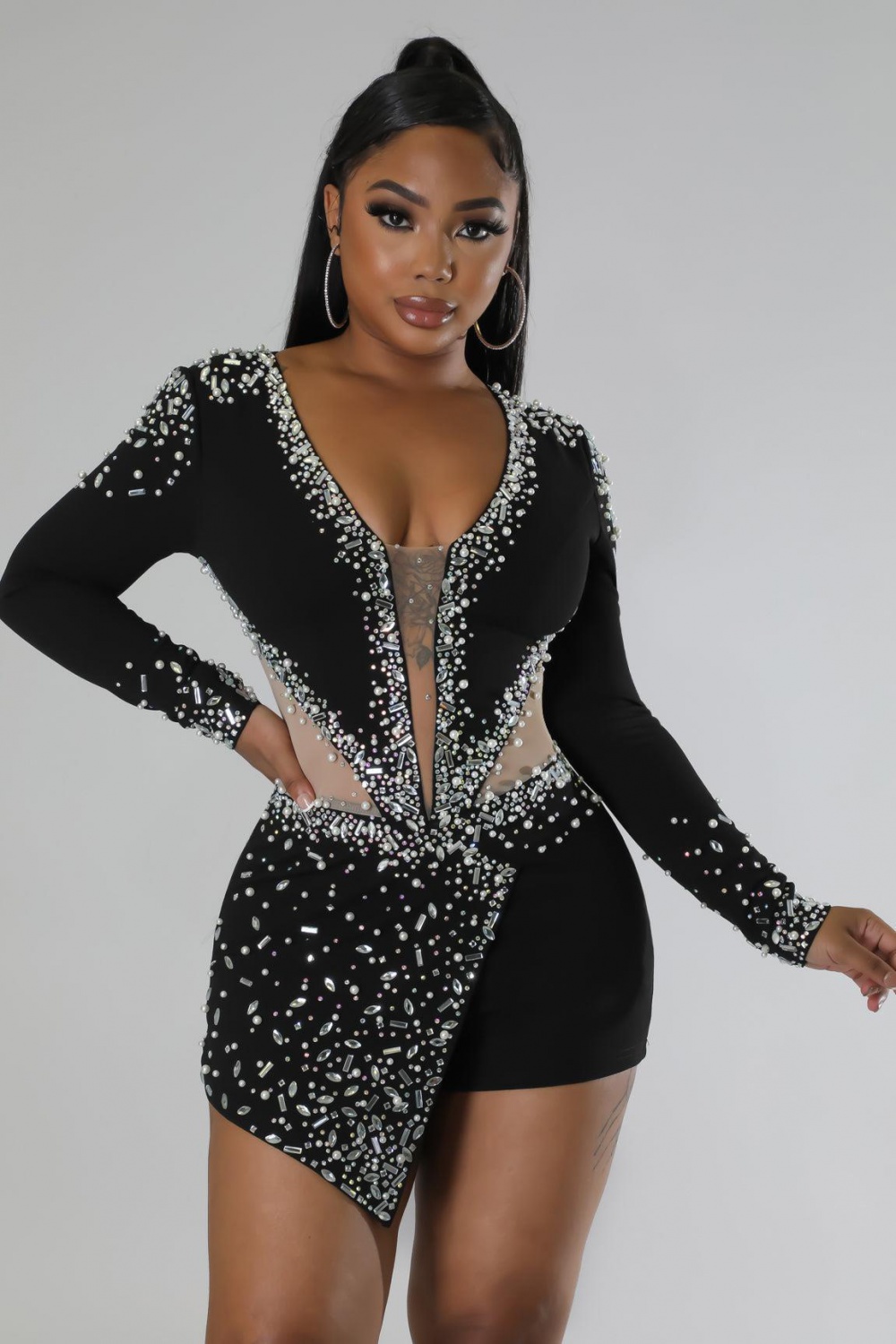 European style sexy rhinestone perspective pearl jumpsuit