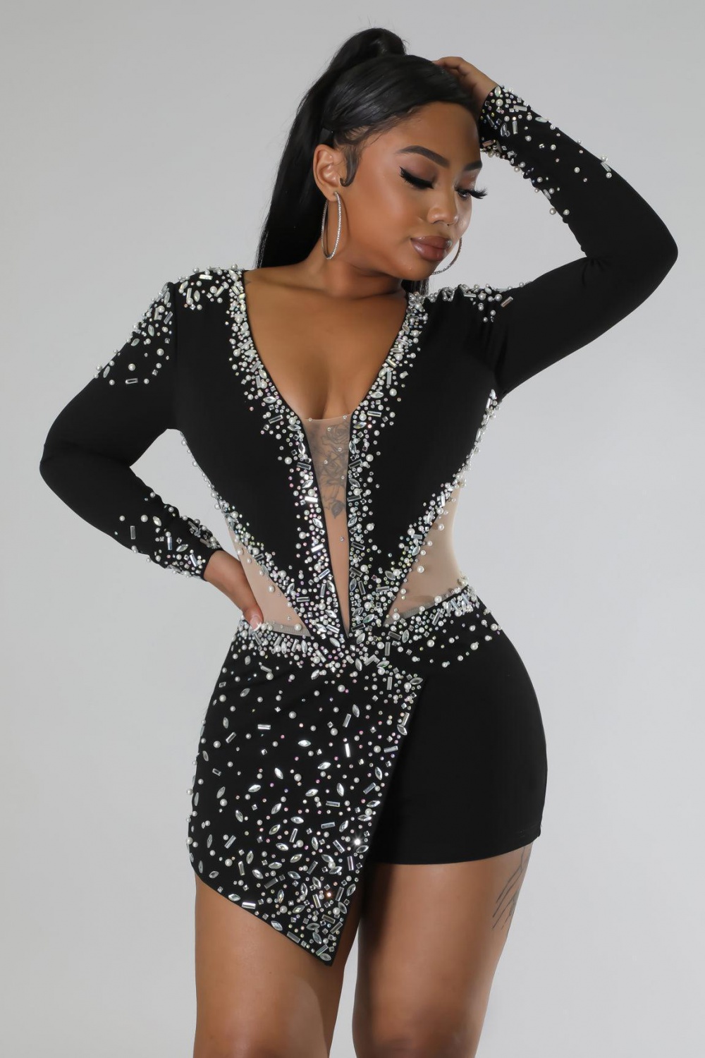 European style sexy rhinestone perspective pearl jumpsuit