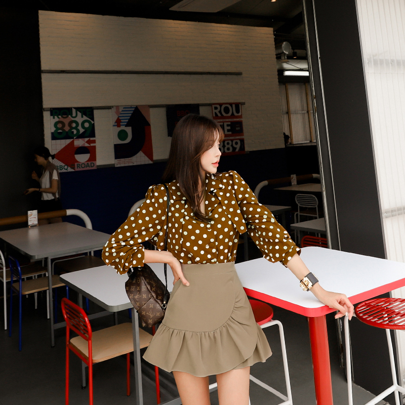 Long sleeve Korean style tops polka dot skirt 2pcs set