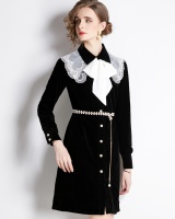 Long sleeve with belt coat velvet black dress