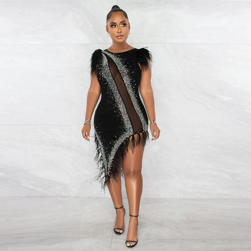 Rhinestone perspective feather dress for women