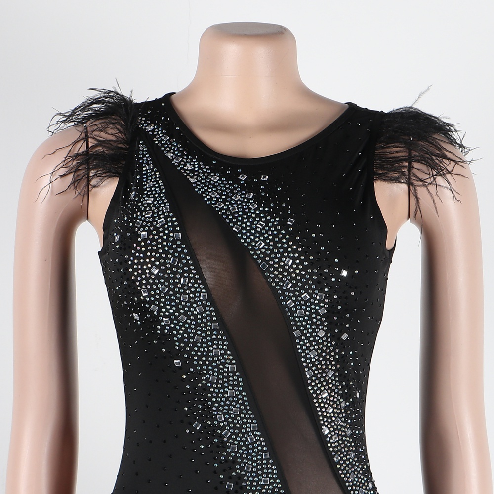 Rhinestone perspective feather dress for women
